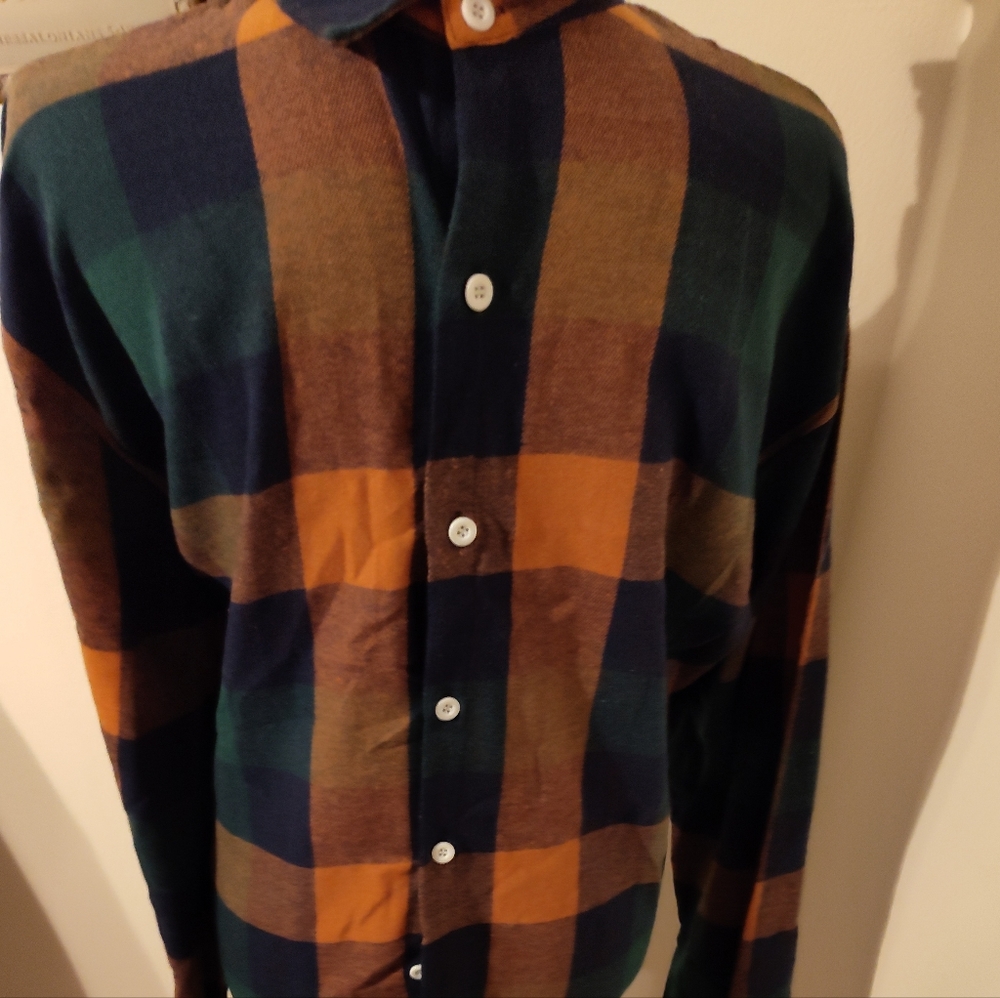 Men plaid blue and orange long sleeve